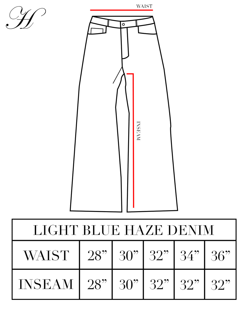Measurement chart for light blue haze denim pants with waist and inseam dimensions.