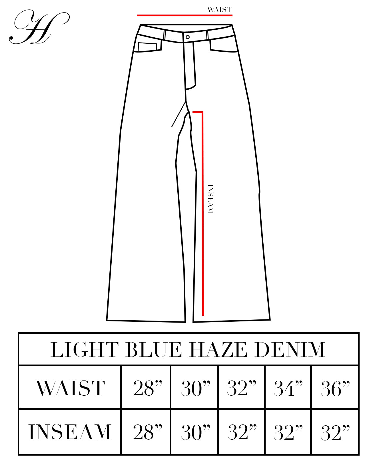 Measurement chart for light blue haze denim pants with waist and inseam dimensions.